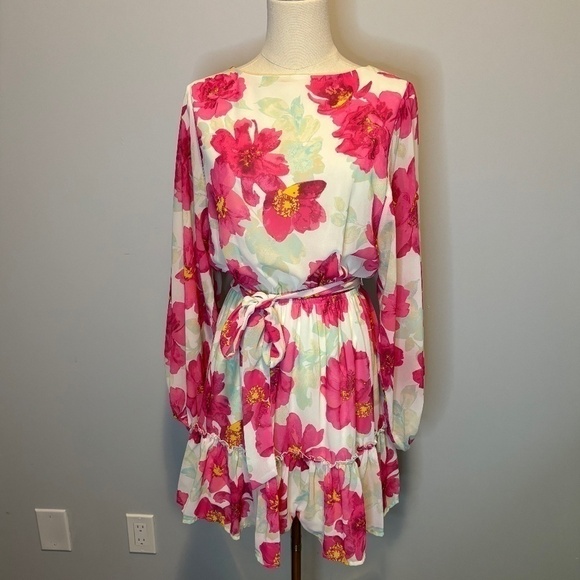 Flying Tomato, Women's Woven Mini Dress, White with Pink Floral, SZ S - Picture 1 of 9